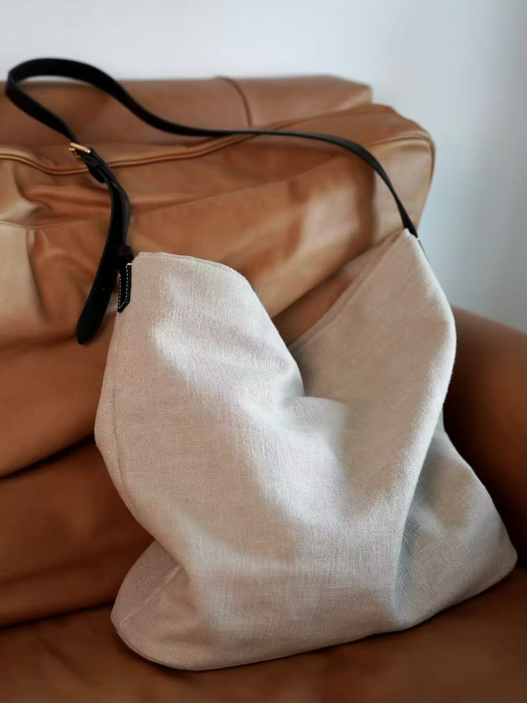 Canvas and Leather Tote in Beige